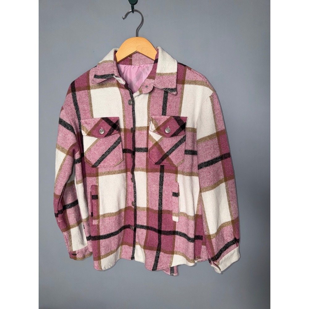 Pink Plaid Shacket‎ Oversized Button Down Shirt Jacket Women's Size Small